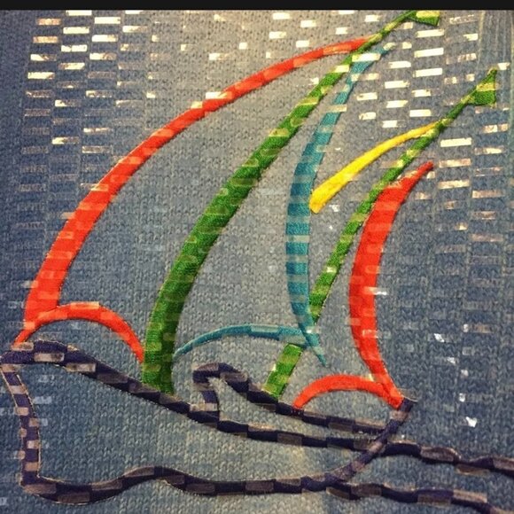 Pretty Things Vintage Sequined Cardigan Sweater Blue Sailboat Front Zip Size S - Picture 2 of 4